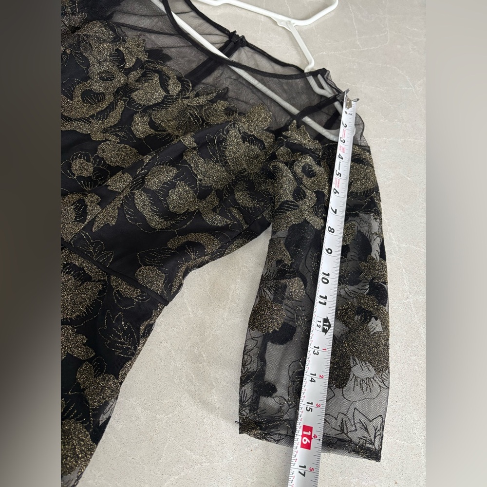 Adrianna Papell Black and Gold Lace Mesh Dress Long Sleeves Gown Size 12 - Picture 10 of 16